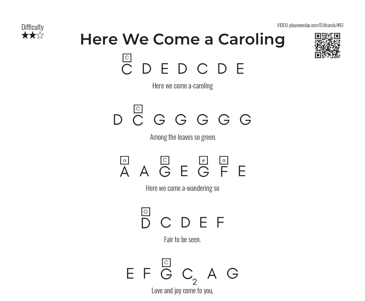 Here We Come a Caroling letter notes simple
